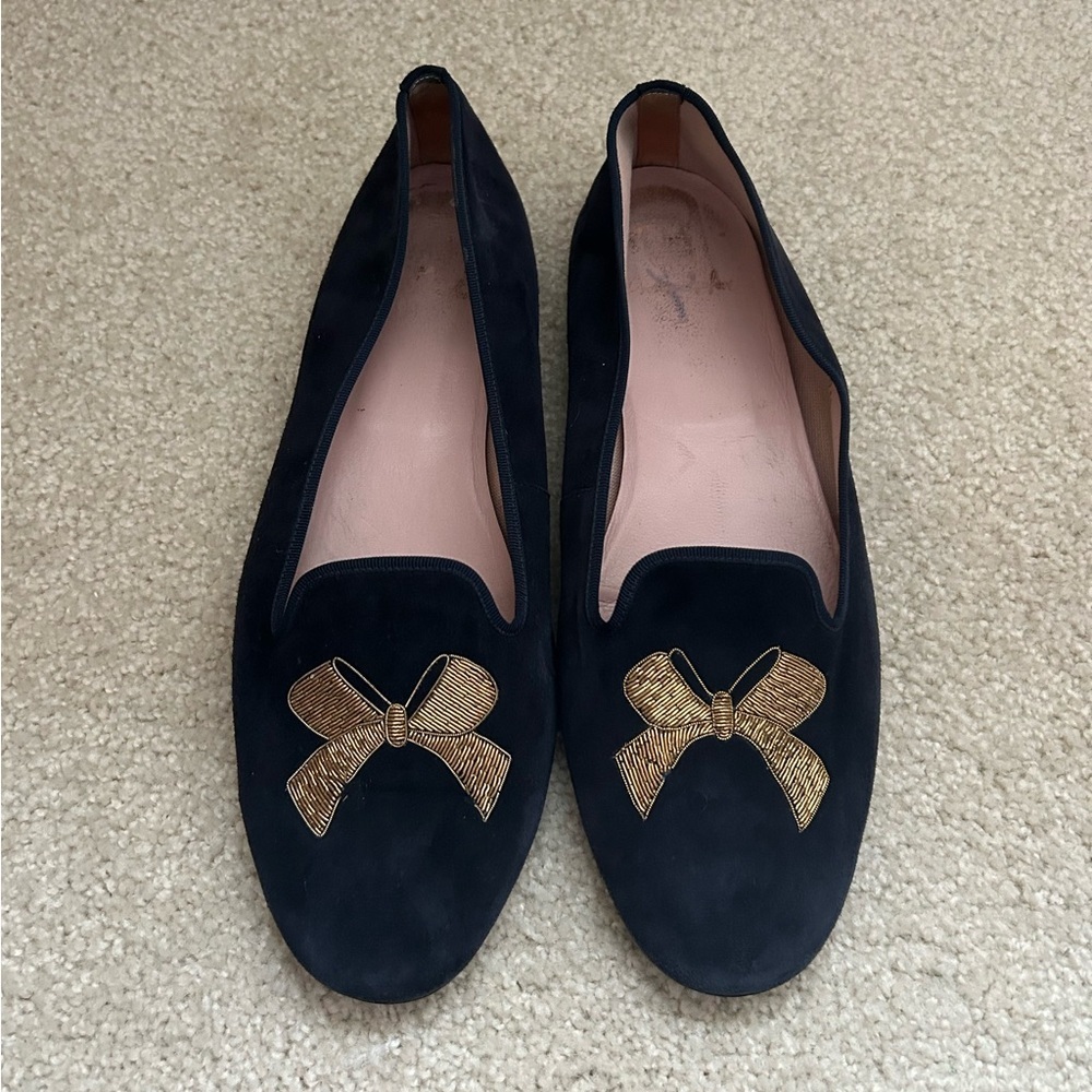Pretty Ballerinas Navy Blue Suede Loafers Gold Bow Size 40